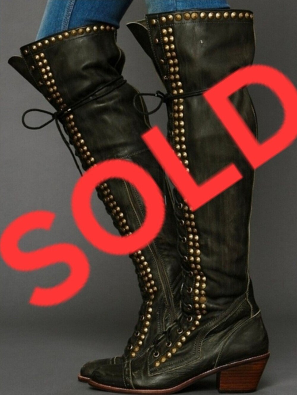 SOLD Jeffrey Campbell For Free People Studded Joe Tall Boots Lace Up Over Knee 9 - Picture 1 of 11